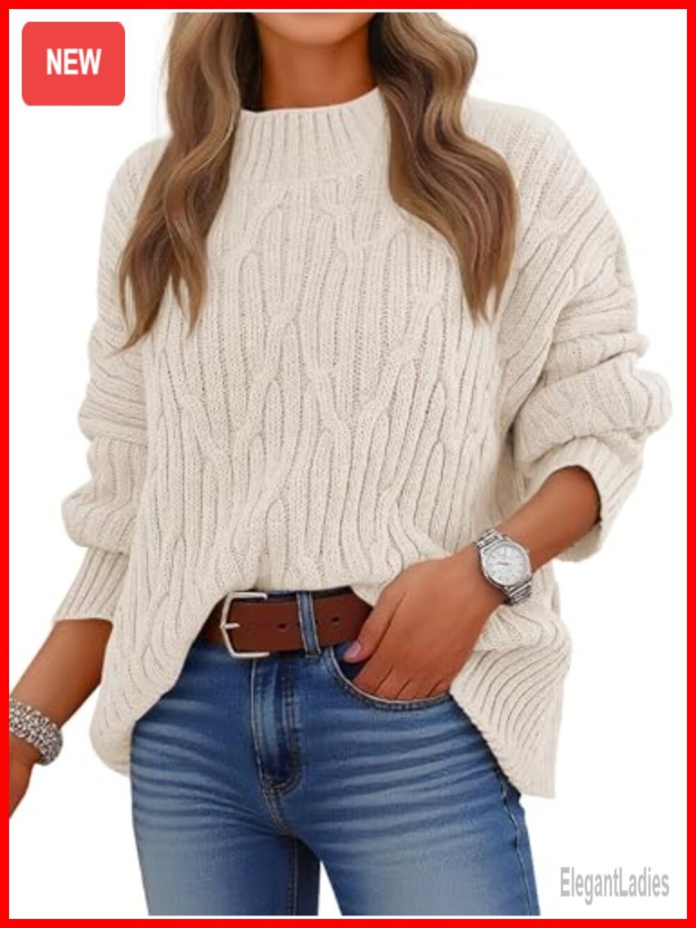 Oversized Cable Knit Mock Neck Pullover Sweater Long Sleeve